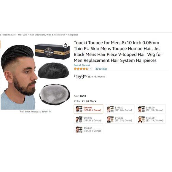 New Men's Toupee, V-Loop, Human Hair - Jet Black - Men's Wig, Hair Piece - Picture 6 of 10